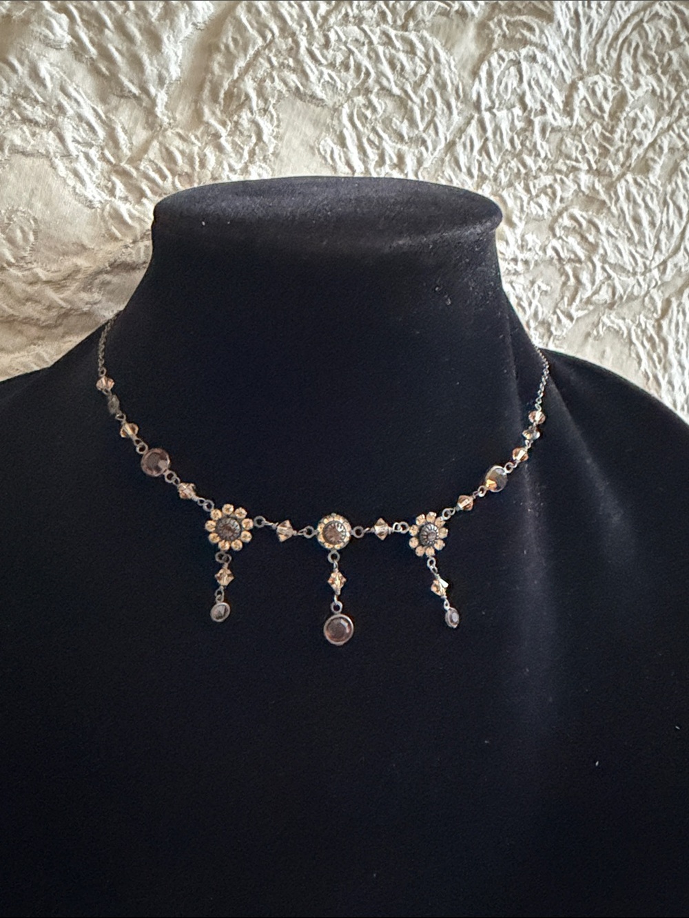 Champagne and topaz colored crystal necklace sterling silver oxidized